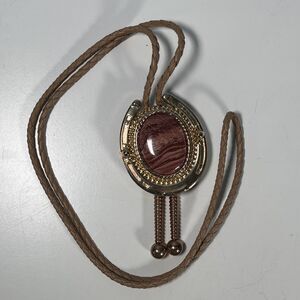 Vintage Horseshoe Bolo Tie Gold Tone Agate Stone Braided Leather Cord Western